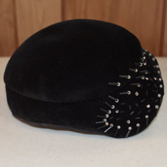 Vintage Biak Black Cocktail Hat Rhinestones Faux Pearls Juliet Cap Made in Italy - Picture 4 of 13